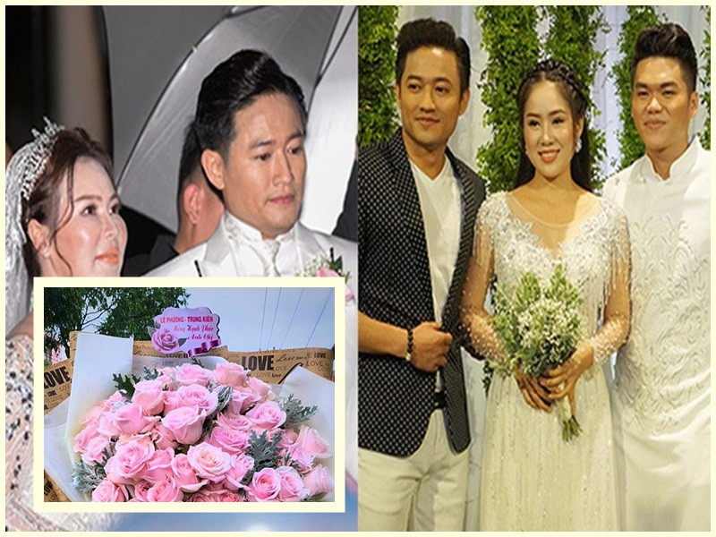 Ngày Lê Phương lên xe hoa với Trung Kiên, Quý Bình tham dự tiệc cưới của tình cũ. Còn ngày Quý Bình kết hôn với doanh nhân Ngọc Tiền, Lê Phương không dự hôn lễ nhưng gửi hoa chúc mừng. "Lê Phương - Trung Kiên mừng hạnh phúc anh chị", nội dung thiệp chúc. Ảnh: Zing