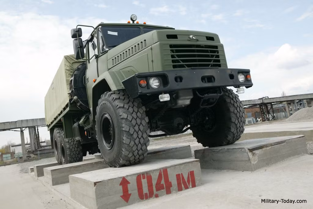 KrAZ-6322, Ukraine. Dòng xe tải quân sự hạng nặng do Ukraine chế tạo từ năm 1999. Xe có cấu hình 6x6 bánh, tải trọng 10 tấn, có thể kéo theo container nặng 30 tấn, hoặc máy bay nặng 75 tấn. Xe có thể đạt tốc độ tối đa 80 km/h, dự trữ hành trình 1.200 km. Ảnh: Military-today.