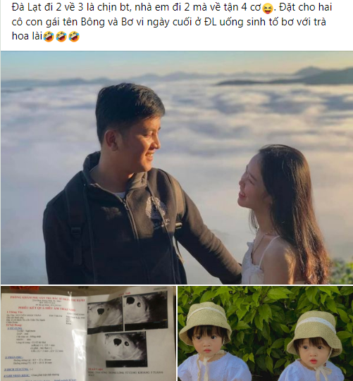 Bạn Ngọc chia sẻ: "Đà Lạt đi 2 về 3 là chuyện bình thường, nhà em đi 2 mà về tận 4 cơ. Đặt cho hai cô con gái tên Bông và Bơ vì ngày cuối ở Đà Lạt uống sinh tố bơ với trà hoa lài".