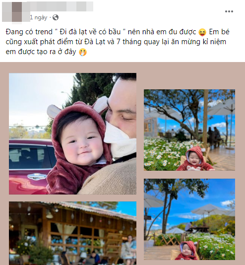 Một cặp đôi khác cũng hý hửng khoe hình ảnh "chiến tích" đi Đà Lạt của mình: "Đang có trend Đi Đà Lạt về có bầu nên nhà em đu được. Em bé cũng xuất phát điểm từ Đà Lạt và 7 tháng quay lại ăn mừng kỉ niệm em được tạo ra ở đây".