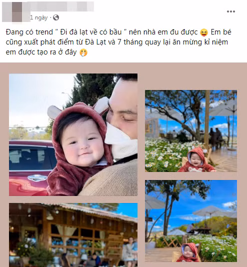 Một cặp đôi khác cũng hý hửng khoe hình ảnh "chiến tích" đi Đà Lạt của mình: "Đang có trend Đi Đà Lạt về có bầu nên nhà em đu được. Em bé cũng xuất phát điểm từ Đà Lạt và 7 tháng quay lại ăn mừng kỉ niệm em được tạo ra ở đây".