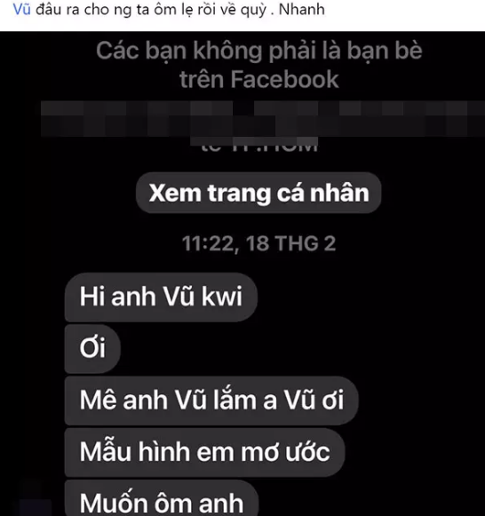 Mới đây Đoàn Di Băng gây chú ý khi chia sẻ ảnh chụp màn hình đoạn tin nhắn một người phụ nữ gửi đến chồng của mình. Theo nội dung tin nhắn cô gái này hâm mộ anh Vũ, thậm chí còn muốn được ôm nếu cả hai gặp mặt.