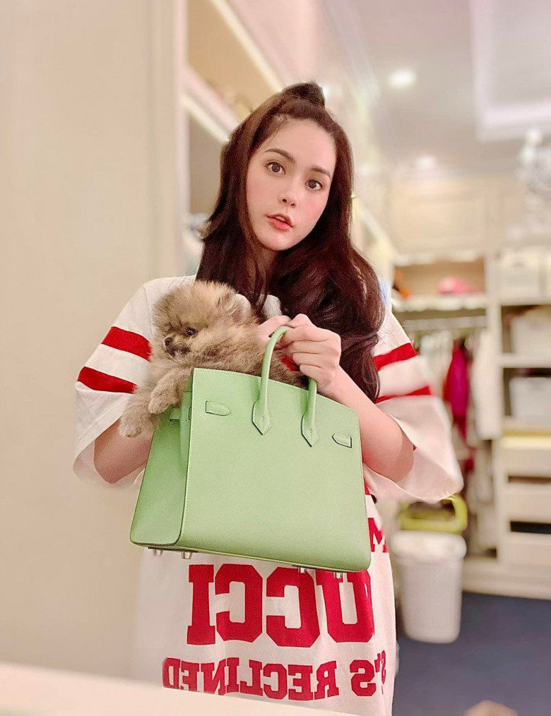 Cô còn khiến bao người "xót ruột" hơn khi dùng túi Hermes ngót nghét 400 triệu đồng để cho "người bạn bốn chân" của mình chui vào.