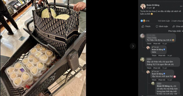 Cách đây không lâu, nữ ca sĩ từng khiến bao người xuýt xoa vì dùng chiếc túi tote từ nhà Dior để đựng bắp cải. Khó có ai dám dùng chiếc túi gần 90 triệu đồng để đựng bắp cái đến căng cứng như thế này.