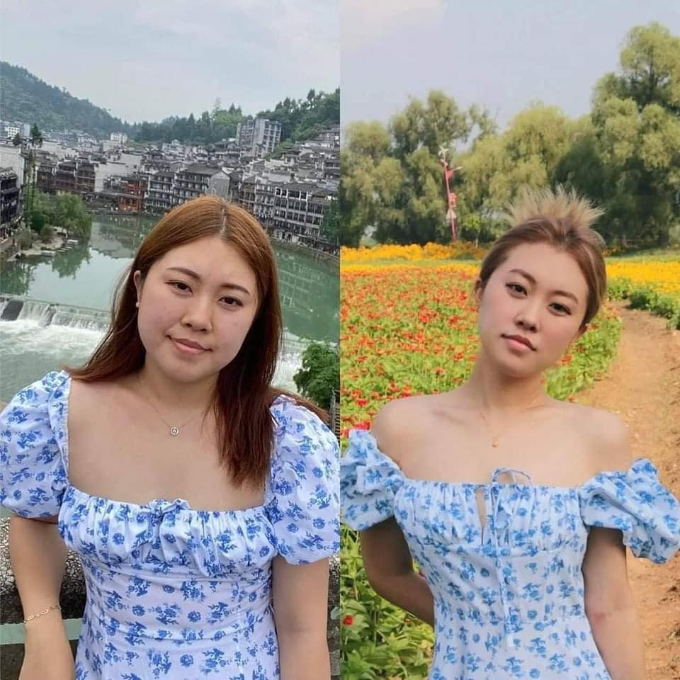 Để minh chứng cho quá trình giảm cân thành công cô gái này diện lại chiếc váy hoa ngày trước, đặt hai hình ảnh trước và sau khi giảm cân để so sánh thành quả của mình.