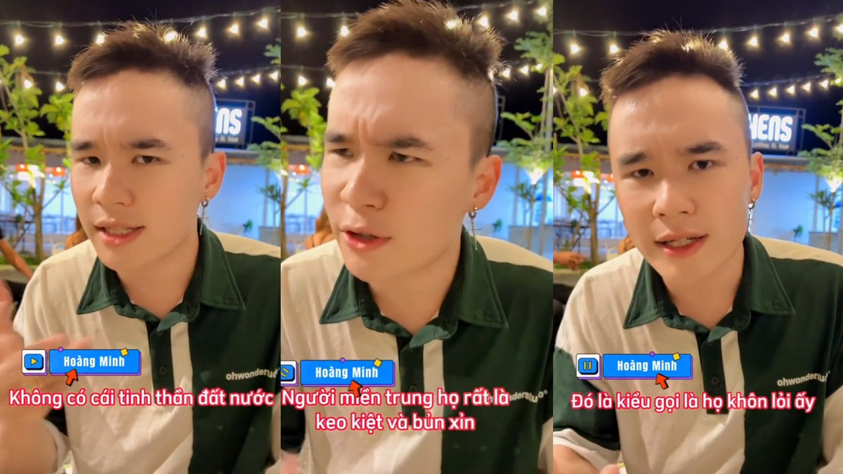 Trong video của mình, Hoàng Minh cho rằng “người miền Trung rất keo kiệt và bủn xỉn, hà tiện, khôn lỏi, lúc nào cũng nghĩ cho bản thân, gia đình của họ trước, không có tinh thần xã hội, không có tinh thần đất nước… nên miền Trung rất kém phát triển so với những miền còn lại…".