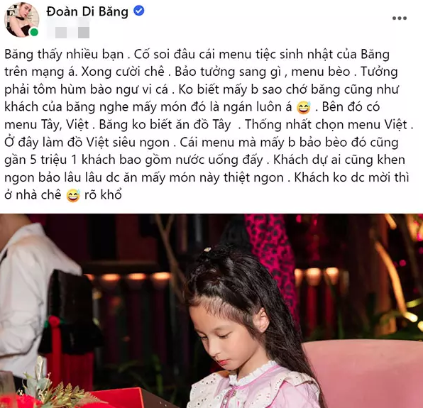 Theo đó có người nói rằng thay vì đãi tiệc món Tây hay sơn hào hải vị, nữ đại gia lại chọn menu toàn đồ ăn Việt Nam cho bữa tiệc.