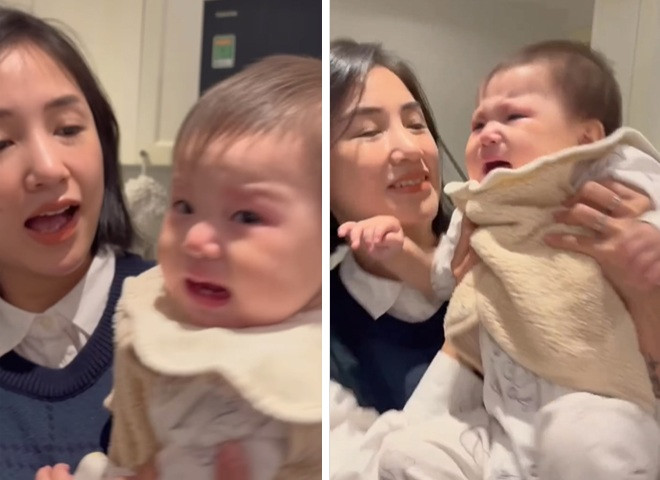 Khoảnh khắc bé Pam khóc và giãy dụa ra khỏi mẹ làm nhiều người thích thú.