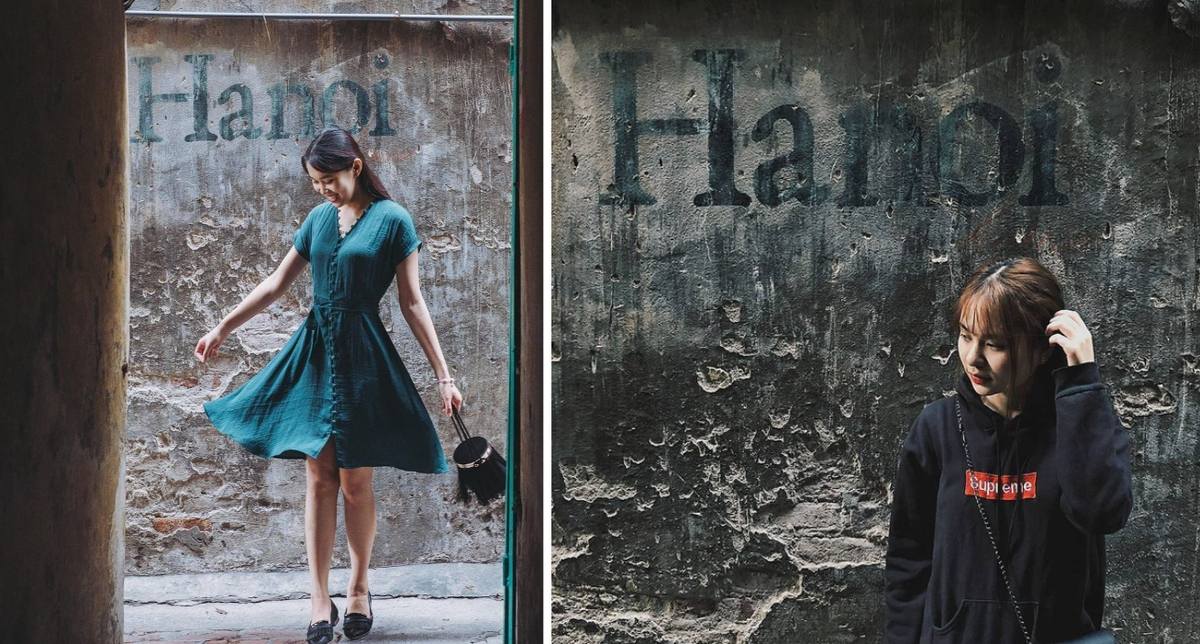 Bức tường có dòng chữ "Hanoi" màu xanh ở 47A, phố Lý Quốc Sư (Hà Nội) từng là điểm check in yêu thích của nhiều bạn trẻ. Ảnh: @nguyenthuyddzung, @h.nhung2912