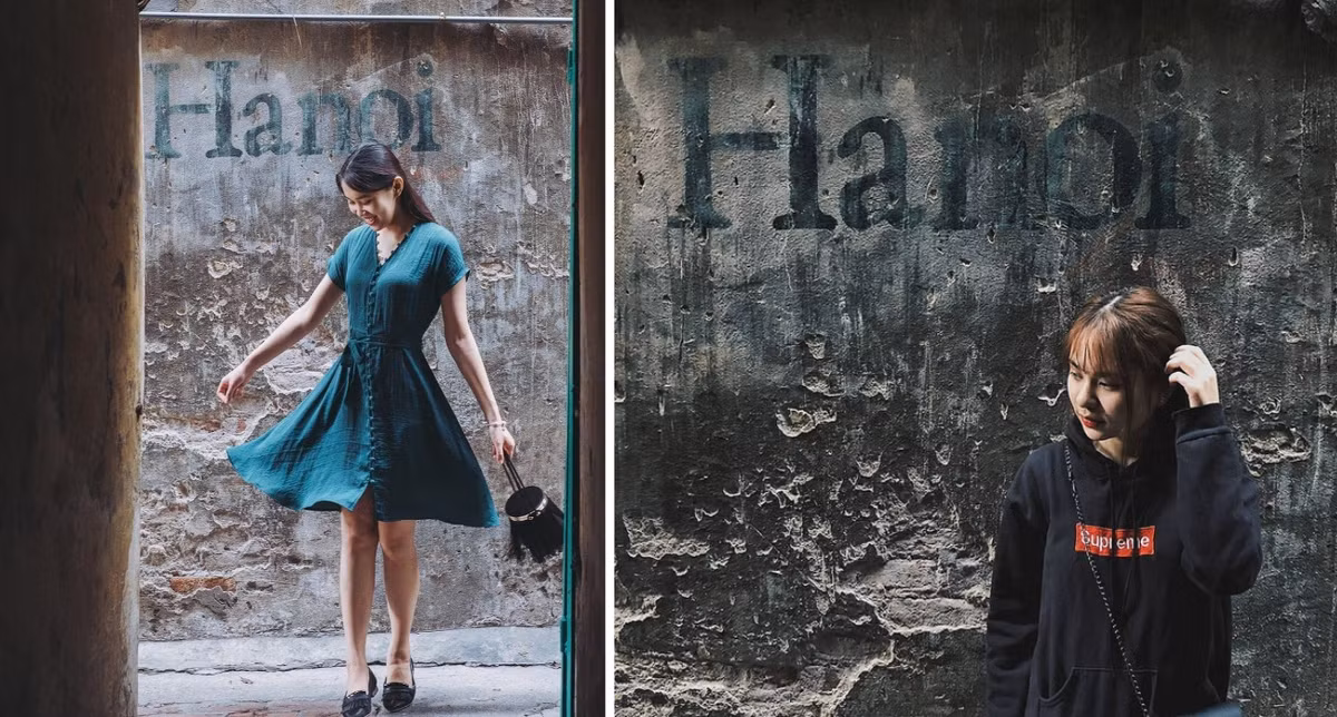 Bức tường có dòng chữ "Hanoi" màu xanh ở 47A, phố Lý Quốc Sư (Hà Nội) từng là điểm check in yêu thích của nhiều bạn trẻ. Ảnh: @nguyenthuyddzung, @h.nhung2912