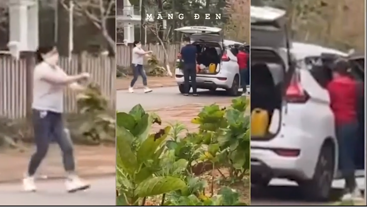 Nữ du khách này đã nhổ trộm hoa bên đường sau đó chạy "như bay" về phía chiếc ôtô màu trắng đứng đợi, đưa cho người đàn ông khác để cất vào cốp xe.