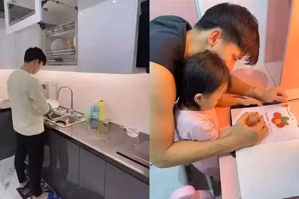 Rửa bát, lau nhà, dạy con vẽ,....là những công việc Quế Ngọc Hải không ngần ngại làm phụ vợ.