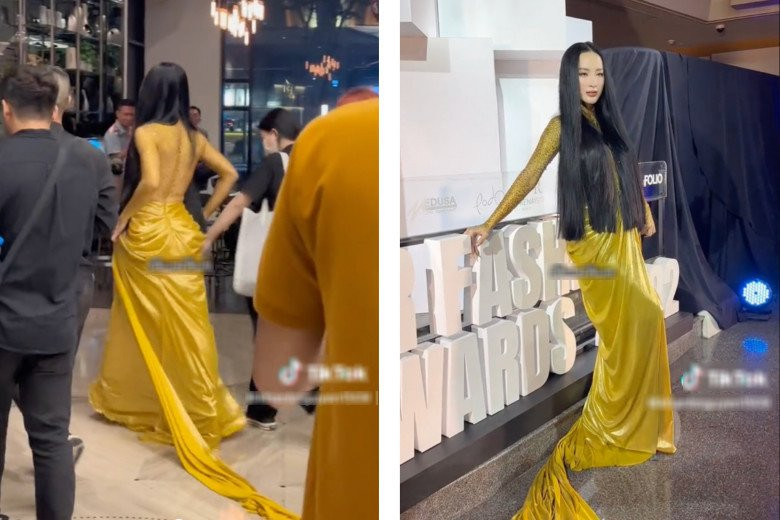 "Hot girl lực điền" ngày nào thành tâm điểm sự kiện khi xuất hiện với bộ cánh màu vàng đính đá lấp lánh, trang điểm sắc sảo.