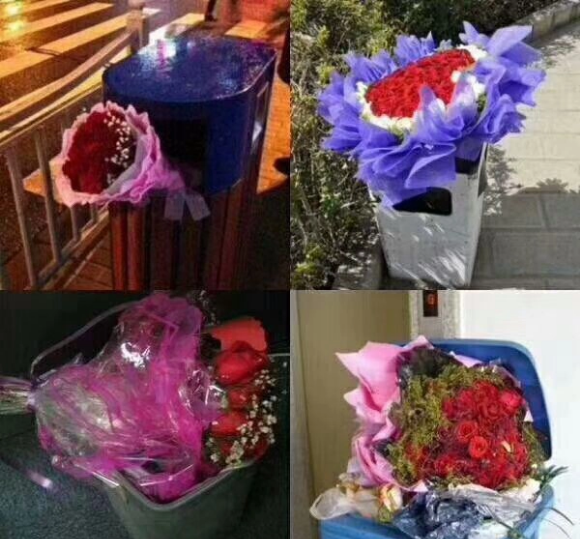 Nguyên nhân được netizen dự đoán có thể đây là hoa chưa bán được, sang ngày hôm sau bị người bán vứt bỏ; cũng có thể là do người phụ nữ được tặng hoa không muốn nhận tình cảm của người tặng; và một số - mà người viết tin rằng rất ít - là người nhận hoa quá “vô tâm”, quăng bỏ cả tấm lòng của người khác. Ảnh: Tổng hợp