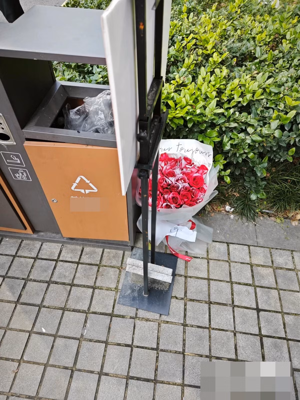 Bó hoa xinh đẹp được đặt ngay ngắn bên cạnh thùng rác, dự báo có mối tình nào đó đã tan vỡ.