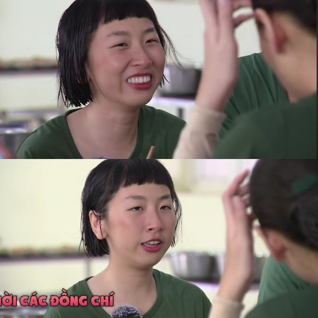 Cụ thể, cô dùng những từ ngữ "ăn" để trêu chọc vì bản thân phân vân giữa mâm cơm và hai nam quân nhân bên cạnh.