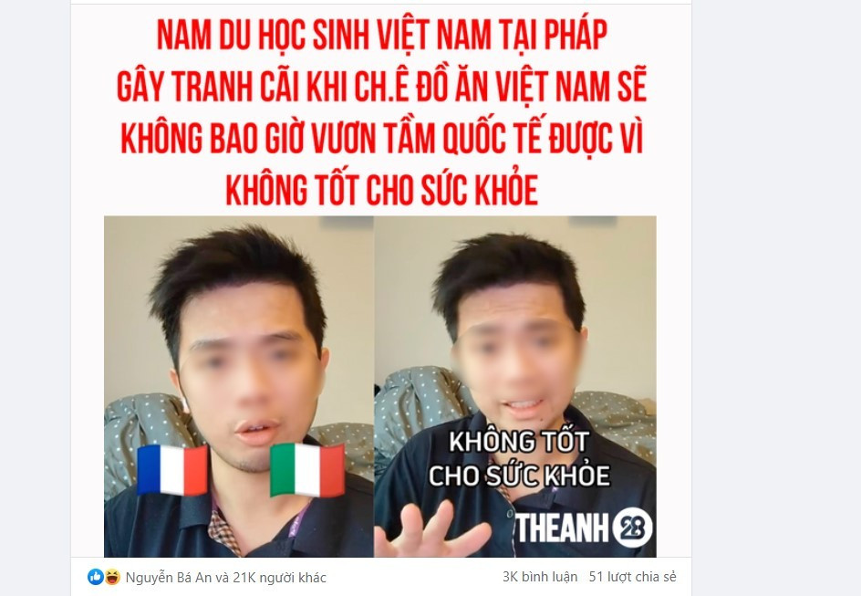 Mấy ngày qua MXH xôn xao về đoạn clip TikTok một nam sinh Việt đang du học tại Pháp có những phát biểu xoay quanh nền ẩm thực Việt.