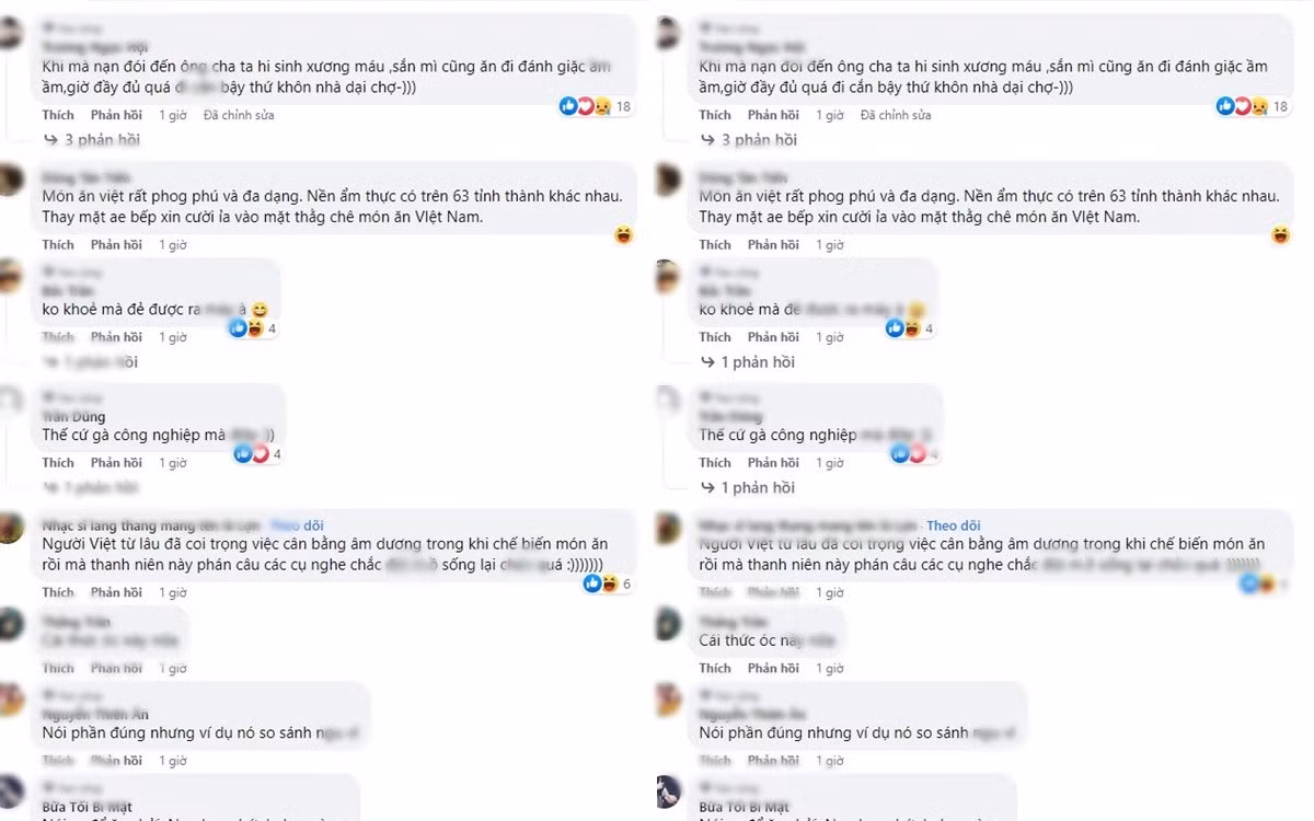 "Mình đi du học, ai cũng khen ẩm thực Việt phong phú, cái gì cũng có mà bạn này còn lên tiếng chê bai", "Nói thật, về cân bằng dinh dưỡng thì ẩm thực nước mình chẳng kém cạnh các quốc gia khác đâu",...là những ý kiến của cư dân mạng.