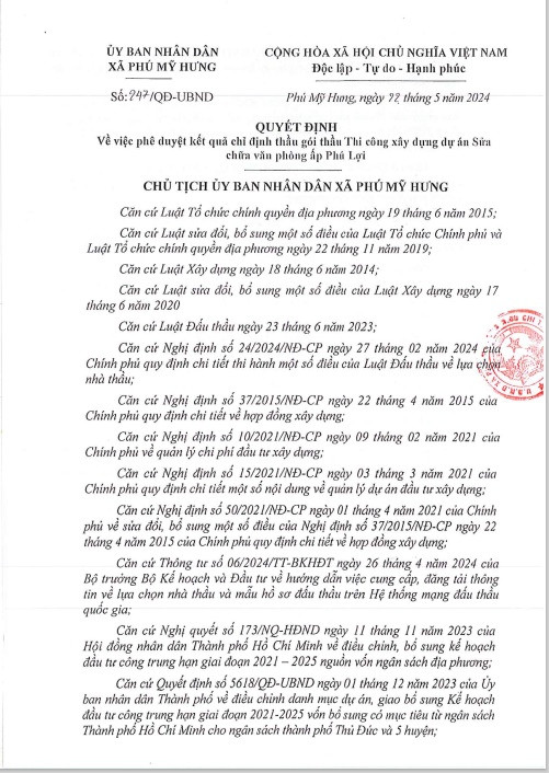 TPHCM: UBND xã Phú Mỹ Hưng chỉ định 4 gói thầu cho Cty Quốc Linh TPHCM: UBND xa Phu My Hung chi dinh 4 goi thau cho Cty Quoc Linh