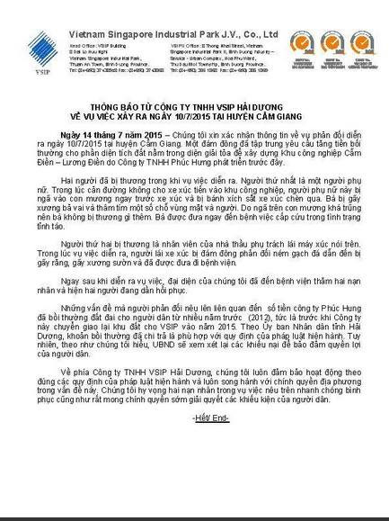 Van ban cua VSIP vu may xuc de nguoi dan la gia mao