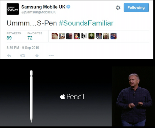 Samsung cũng không ngừng chế ảnh iPhone, nhạo bút Apple Pencil của nhà Táo. Đây là chiếc bút này được dành riêng cho iPad Pro, tablet có màn hình lớn nhất của hãng.