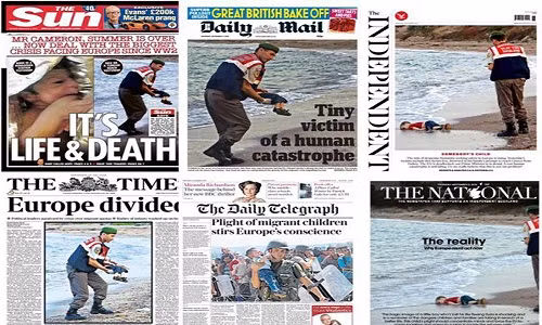 Báo chí Anh ngày 3/9 đã đồng loạt đăng lên trang nhất tấm hình gây chấn động cả thế giới, với cảnh thi thể cậu bé nhập cư 3 tuổi người tị nạn Syria trôi dạt vào bãi biển ở Thổ Nhĩ Kỳ khi gia đình em tìm đường vượt biển sang châu Âu tìm một cuộc sống tốt đẹp hơn (Nguồn: Independent)