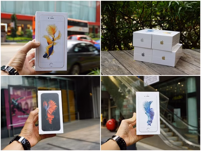 Nếu khách hàng mua iPhone 6S màu xám đen, thì sẽ có một bức ảnh của một chiếc điện thoại màu đen và một con cá xiêm màu xanh đỏ ở hình nền. Đồng thời hai bên cạnh hộp cũng có tên iPhone 6S thay vì chỉ iPhone như trước đó.