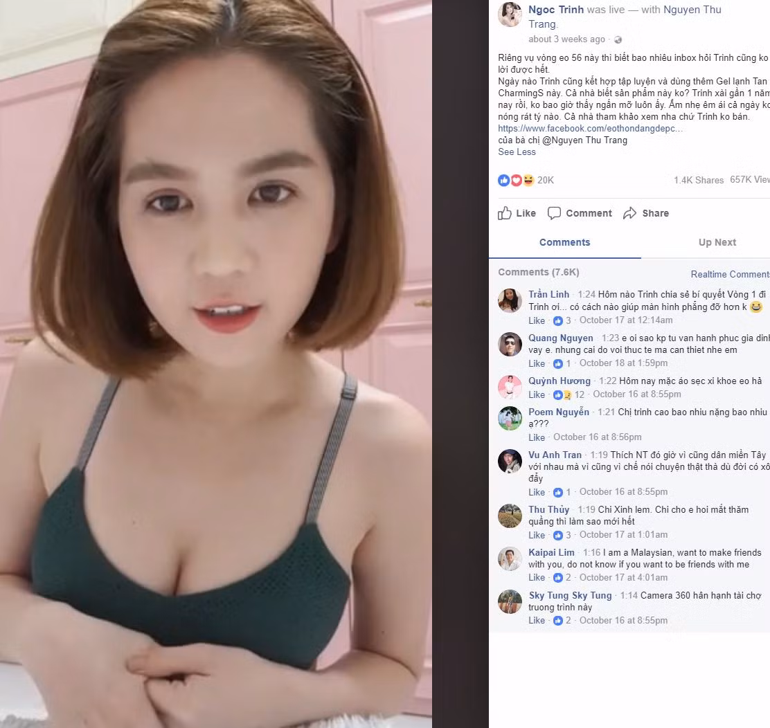 Ngoài những sao Việt làm Đại sứ Thương hiệu trên, theo thông tin trên Dân Việt, thì còn rất nhiều diễn viên, ca sỹ, người mẫu khác có tên tuổi nổi "như cồn" góp mặt trong các clip quảng cáo sản phẩm cho TS Group. Điển hình như người mẫu Ngọc Trinh, cô từng livestream vài tiếng đồng hồ để quảng cáo cho các sản phẩm được cho là từ thiên nhiên của T's Group. Ảnh: Dân Việt.