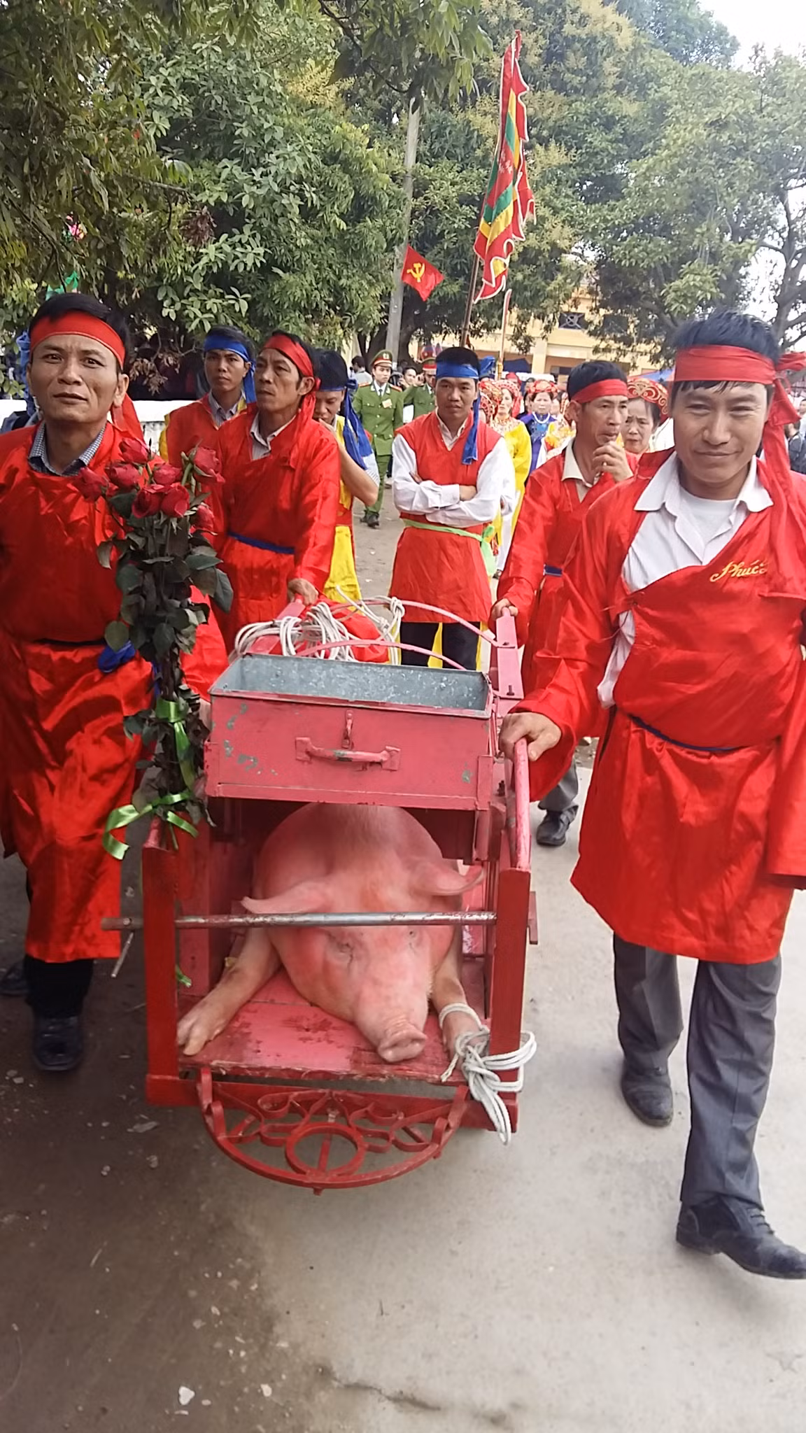 Sau khi tổ chức nghi lễ tại Đình, đoàn rước hai “ông Ỉn” đã tiến hành đi quanh làng, trước khi tổ chức nghi lễ chính là chém lợn tại đình làng.