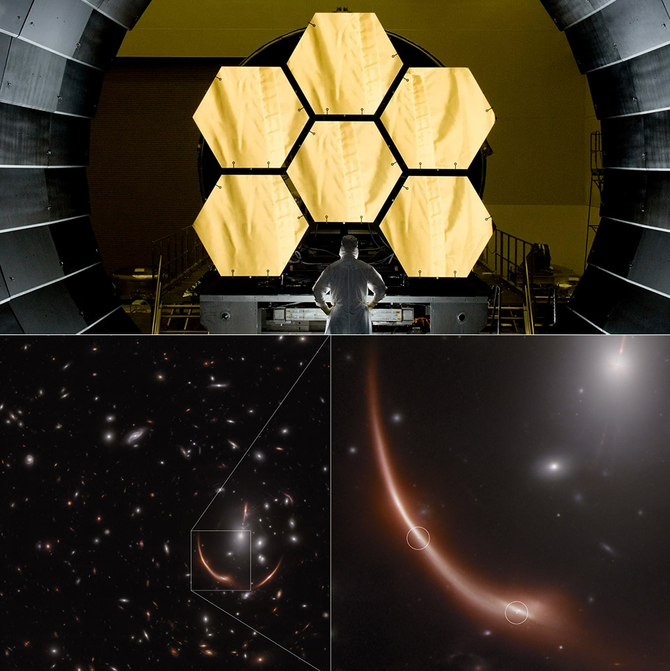 Thấu kính hấp dẫn MACS J0138.0-2155 tạo ra hiệu ứng lúp vũ trụ, biến dạng ánh sáng từ các vật thể xa hơn và phóng to chúng.