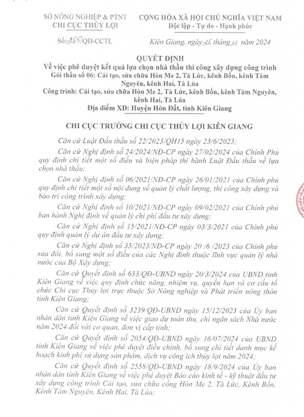 Kien Giang: Cong ty Nam Ha trung goi thau thuy loi gan 7 ty dong