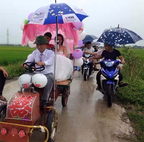 Quốc Việt cho biết thêm, chiếc xe dâu này ở Diễn Châu - Nghệ An gọi là "xe mui trần", được chế bằng bánh xe kiến an và gắn mô tơ: "Chiếc "mui trần" này có thể điều khiển tiến, lùi, đi nhanh, chậm, phanh, còi như bất cứ xe mô tô khác".