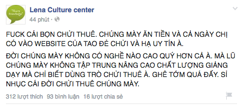 Dòng trạng thái được chia sẻ trên fanpage cách đây ít phút với những lời lẽ thô tục.