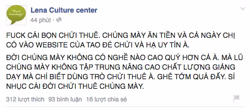 Dòng trạng thái được chia sẻ trên fanpage cách đây ít phút với những lời lẽ thô tục.