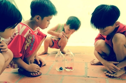 Ngồi ngắm những chú cá đủ màu bơi lội trong chiếc lọ cũng làm cả nhóm trẻ con thích thú.