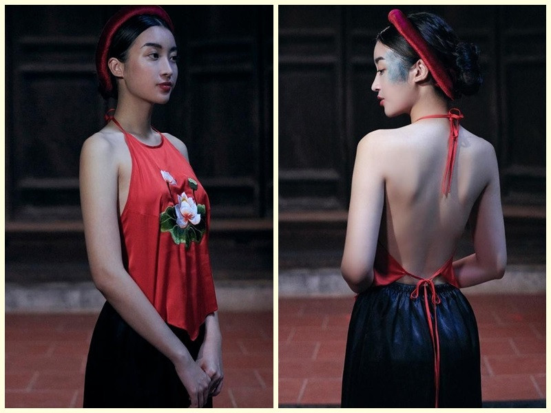 Áo yếm truyền thống cũng giúp Hoa hậu Đỗ Mỹ Linh gợi cảm bội phần. Ảnh: Vietnamnet.