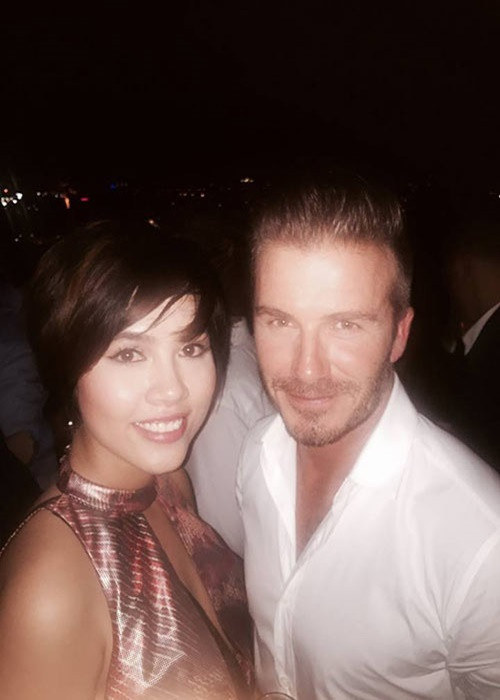 Á hậu Hoàng My gặp gỡ David Beckham năm 2014. Ảnh: Khám Phá.