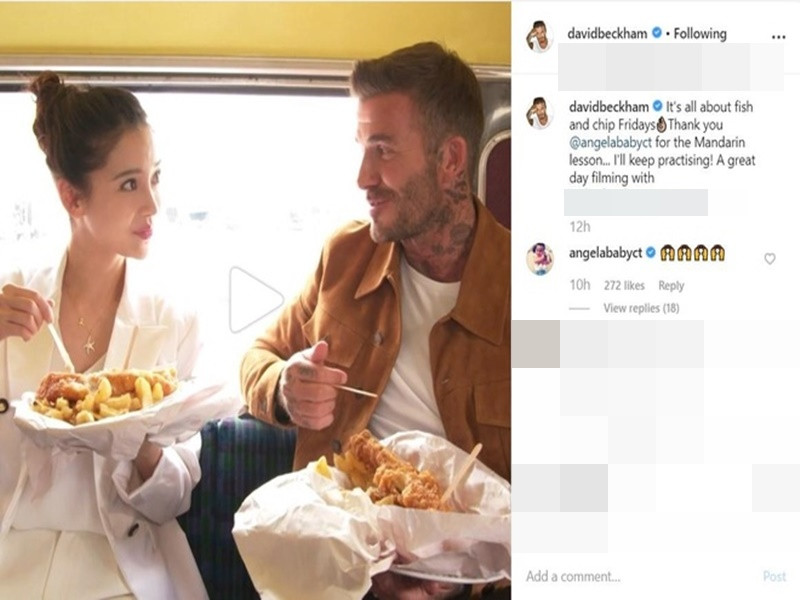 Năm 2019, khi tham gia một số sự kiện thời trang ở London, Angelababy gặp gỡ David Beckham. Cả hai ăn món cà và khoai tây chiên. Angelababy còn mời cựu cầu thủ sang Trung Quốc để ăn món cua. Ảnh: Zing.