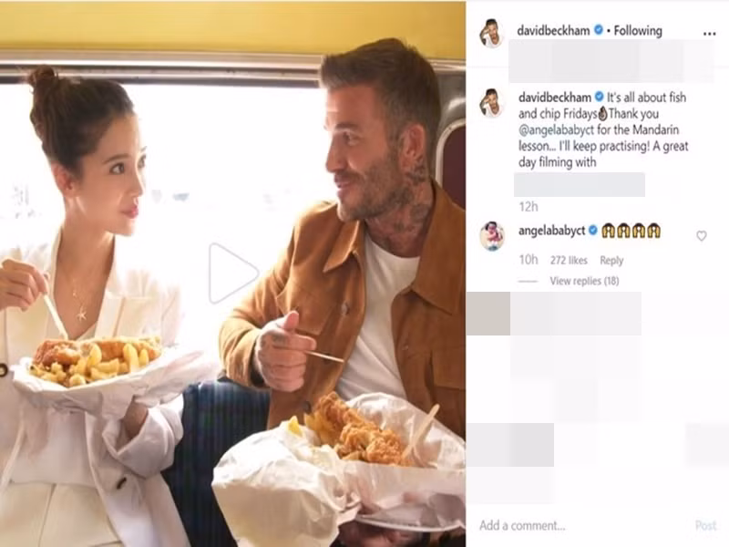 Năm 2019, khi tham gia một số sự kiện thời trang ở London, Angelababy gặp gỡ David Beckham. Cả hai ăn món cà và khoai tây chiên. Angelababy còn mời cựu cầu thủ sang Trung Quốc để ăn món cua. Ảnh: Zing.