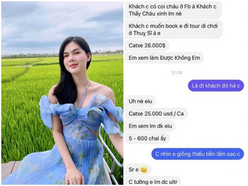Trên trang cá nhân, Lê Ngọc Trinh đăng tải ảnh chụp tin nhắn bị gạ đi tour ở Thụy Sĩ với giá 26.000 đô. Trong tin nhắn, người đẹp đáp trả người nhắn tin gạ gẫm: "Chị nhìn em giống thiếu tiền lắm sao? 500-600 triệu rủ đi ăn có khi em chửi chạy không kịp. Em có thiếu tiền đâu". Ảnh: FBNV