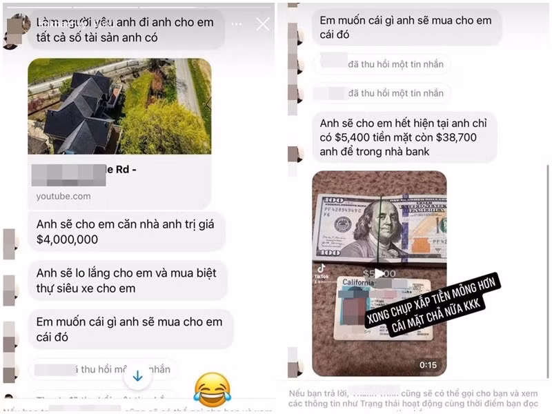 Không chỉ Lê Ngọc Trinh công khai chuyện bị gạ gẫm, nhiều mỹ nhân Việt cũng tiết lộ nhận được những lời đề nghị đổi chác. Khánh Vy - bà xã Phan Mạnh Quỳnh là một trong số đó. Năm 2021, Khánh Vy đăng tải loạt ảnh chụp tin nhắn của tài khoản Facebook có tên T.T sẽ cho cô căn nhà 4.000.000 USD (92 tỷ đồng) cùng nhiều tài sản có giá trị khác. Để tăng độ tin cậy, T.T gửi hình ảnh chụp xấp tiền. Ảnh: Vietnamnet