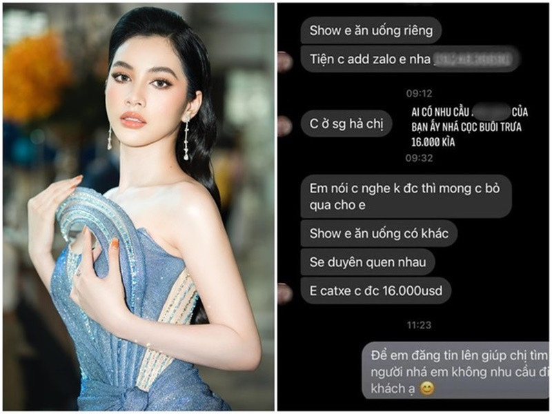Năm 2021, Cẩm Đan chia sẻ ảnh chụp tin nhắn bị gạ đi ăn uống với giá 16.000 USD. Trước cuộc ngã giá cao ngất ngưởng, Top 15 Hoa hậu Việt Nam 2020 từ chối: "Để em đăng tin lên giúp chị tìm người nhé. Em không có nhu cầu đi khách". Ảnh: FBNV