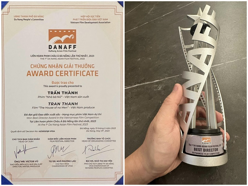 Vì bận quay làm MC Rap Việt 2023, Trấn Thành vắng mặt trong buổi lễ trao giải. Người nhận giải thay anh là Hari Won. Khi chạm tay được vào các giải thưởng, Trấn Thành rất hạnh phúc. “Xin cảm ơn tất cả mọi người một lần nữa. Trấn Thành sẽ cố gắng để có thể làm tốt hơn ạ”, anh bày tỏ. Ảnh: FBNV