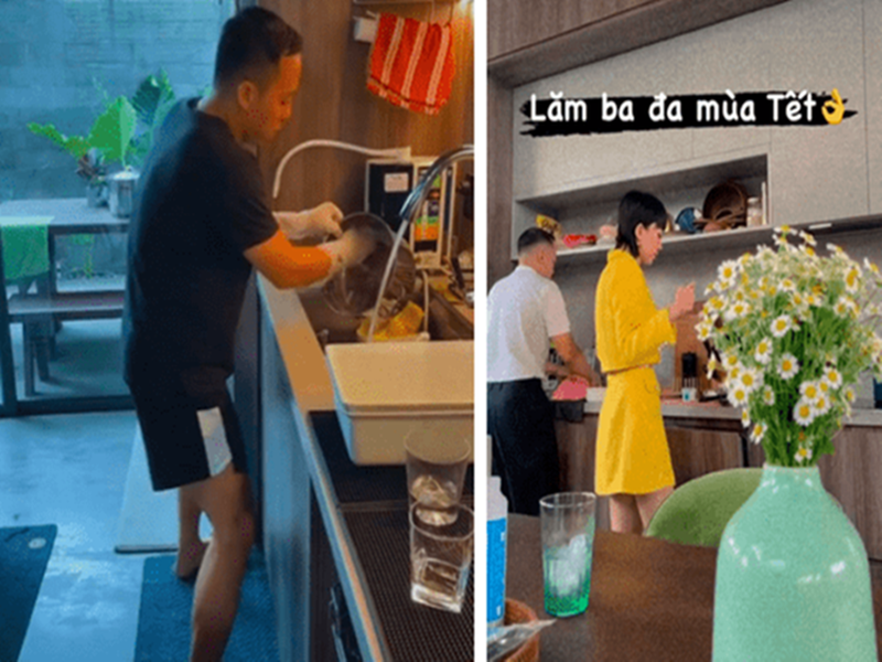 Hoàng Touliver phụ giúp Tóc Tiên rửa bát, nấu ăn ngày Tết. Ảnh: Bảo Vệ Công Lý.