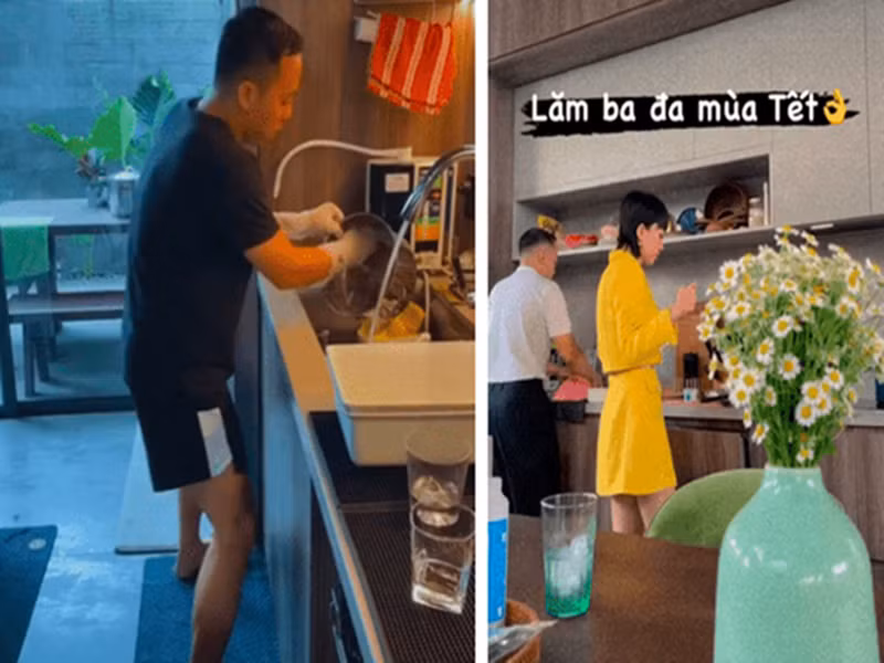 Hoàng Touliver phụ giúp Tóc Tiên rửa bát, nấu ăn ngày Tết. Ảnh: Bảo Vệ Công Lý.