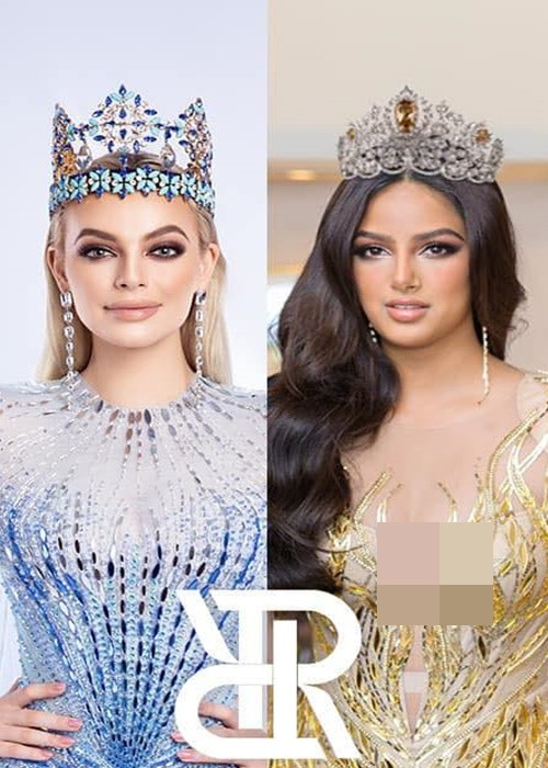 Miss World 2021 - Karolina Bielawska và Miss Universe 2021 - Harnaaz Sandhu từng lăng xê thiết kế của Chung Thanh Phong. Ảnh: FBNV.