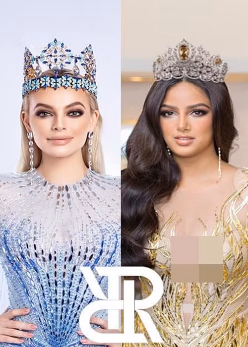 Miss World 2021 - Karolina Bielawska và Miss Universe 2021 - Harnaaz Sandhu từng lăng xê thiết kế của Chung Thanh Phong. Ảnh: FBNV.