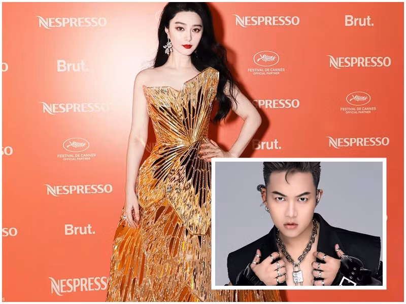 Chung Thanh Phong gây chú ý khi thiết kế mẫu váy mà Phạm Băng Băng mặc dự Cannes 2023. Mẫu váy của nữ diễn viên Hoa ngữ được nhà thiết kế Việt giới thiệu hồi tháng 4 vừa qua. Ảnh: Bazaarvietnam, FBNV.