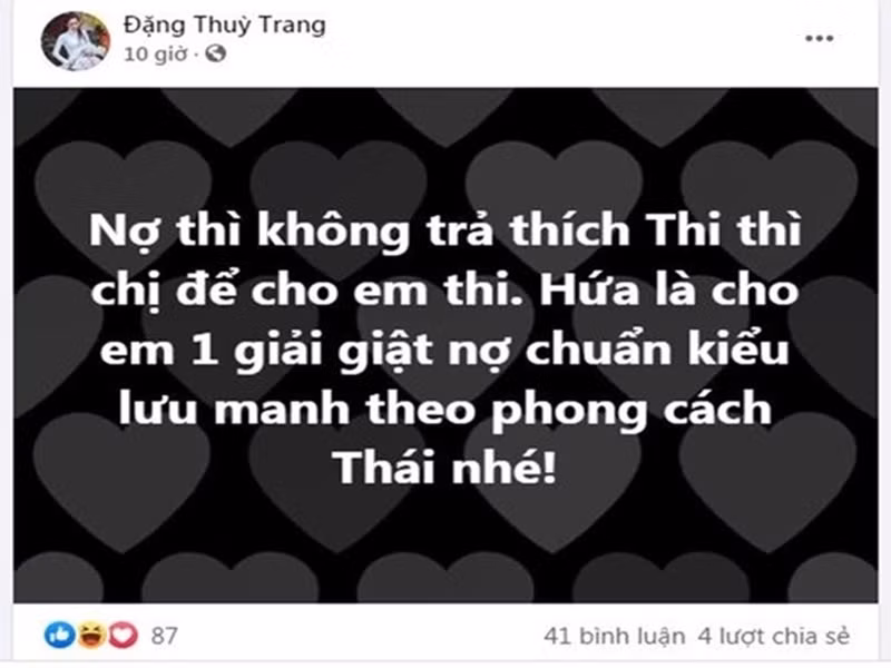 Lùm xùm giữa Thùy Trang và Thùy Tiên bị khơi lại vào năm 2021. Tháng 8/2021, khi Thùy Tiên chính thức trở thành đại diện Việt Nam tại cuộc thi Miss Grand International 2021 - Hoa hậu Hòa bình Quốc tế 2021, Thùy Trang viết trên trang cá nhân: "Nợ thì không trả thích thi thì chị để cho em thi. Hứa là cho em 1 giải giật nợ chuẩn kiểu lưu manh theo phong cách Thái nhé". Sau đó, khi Thùy Tiên thi Hoa hậu Hòa bình Quốc tế 2021, Thùy Trang liên tục viết status bóng gió. Ảnh chụp màn hình
