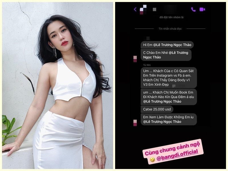 Mới đây, Ngọc Thảo đăng tải ảnh chụp tin nhắn bị gạ đi khách với giá 25.000 USD. "Khách chị muốn đặt em đi khách kèo kín qua đêm á em yêu, cát-sê 25 nghìn USD. Em xem làm được không em yêu?", người gạ gẫm Ngọc Thảo viết. Đối mặt với lời gạ gẫm, nữ diễn viên tất nhiên từ chối. Ảnh: Người lao động